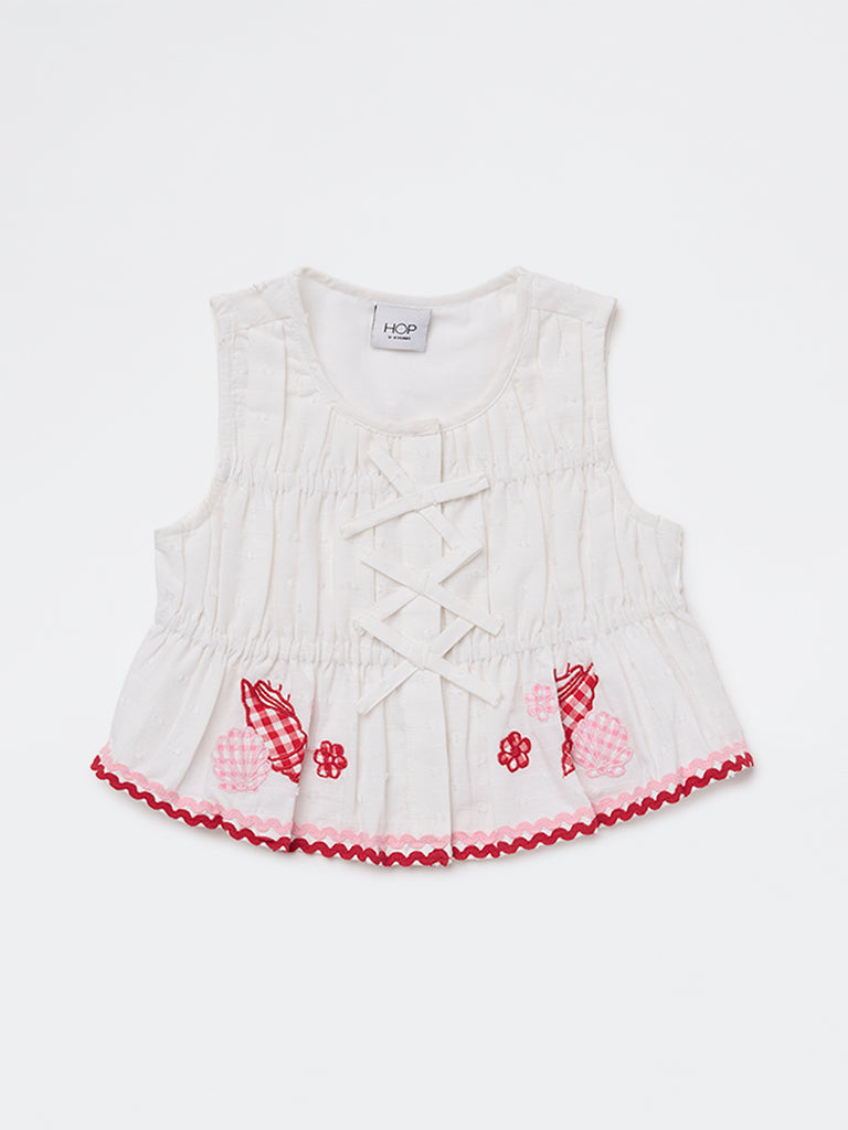 HOP Kids Girls White Embroidered Cotton Top