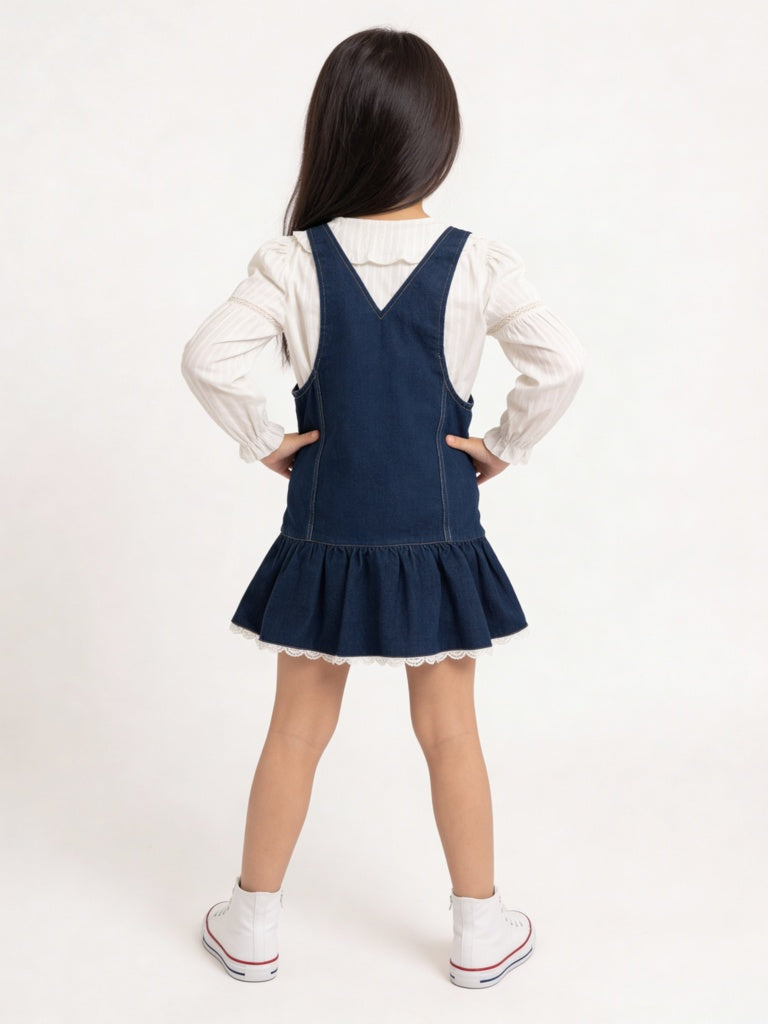 HOP Kids Girls Dark Blue Denim Pinafore and Top Set