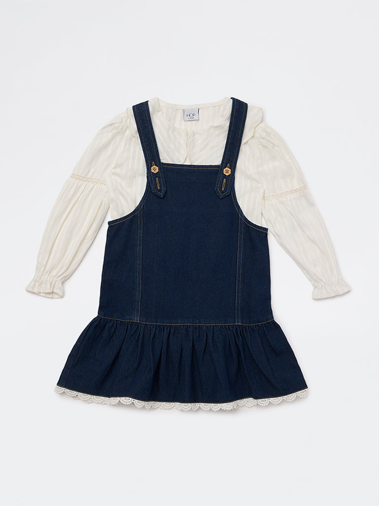 HOP Kids Girls Dark Blue Denim Pinafore and Top Set