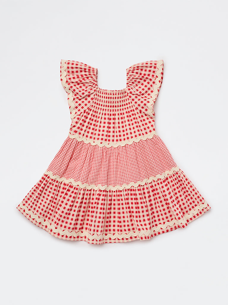 HOP Kids Girls Red Checkered Tiered Cotton Dress