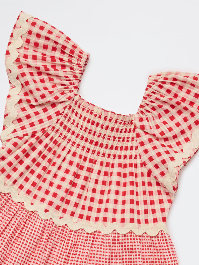 HOP Kids Girls Red Checkered Tiered Cotton Dress