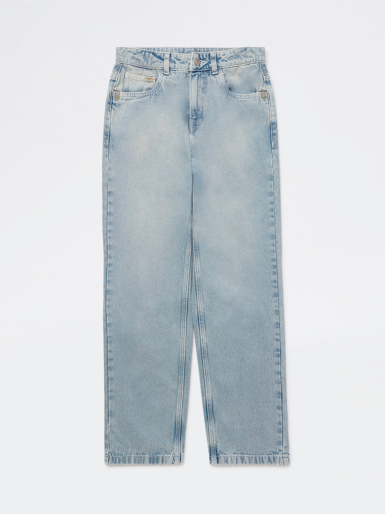 Boys Light Blue Faded Mid-Rise Jeans