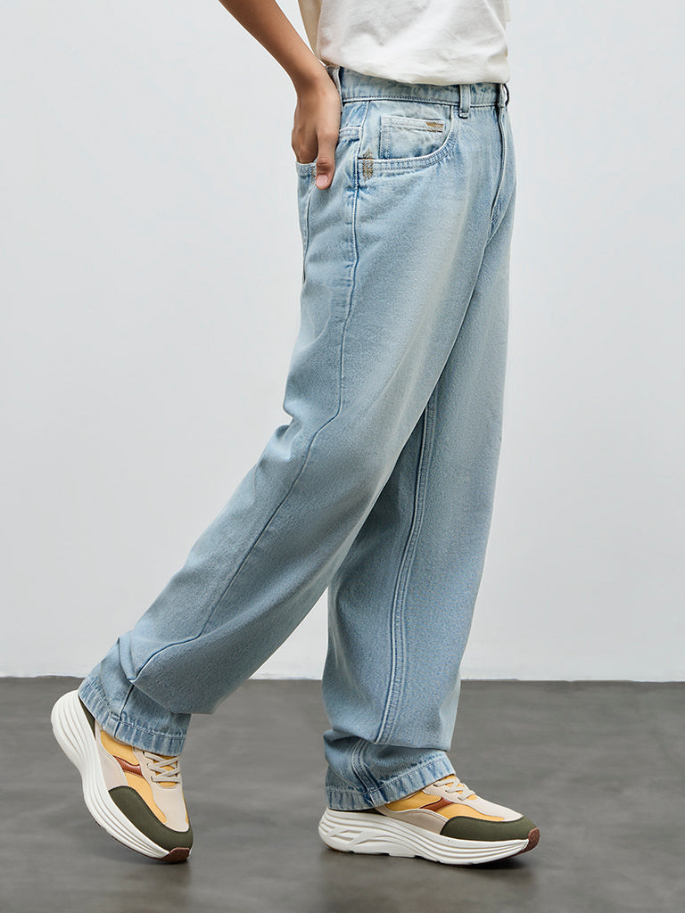 Boys Light Blue Faded Mid-Rise Jeans