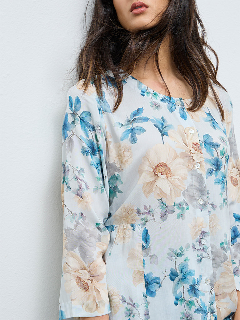 Zuba Blue Floral Printed A-Line Kurta