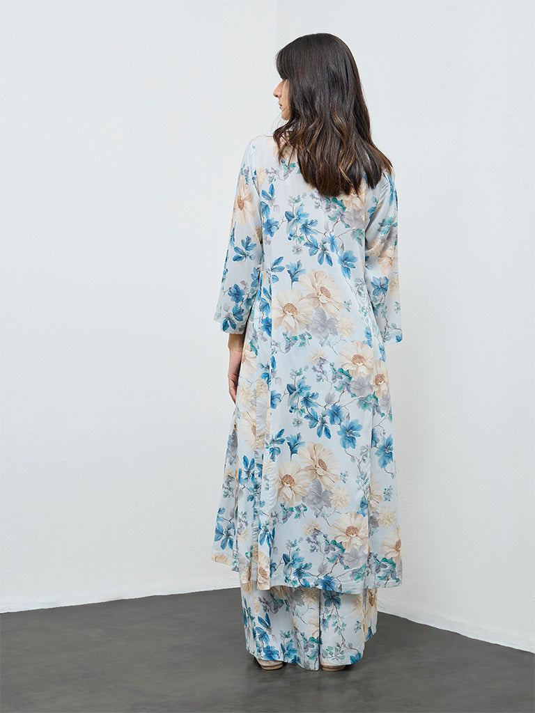 Zuba Blue Floral Printed A-Line Kurta