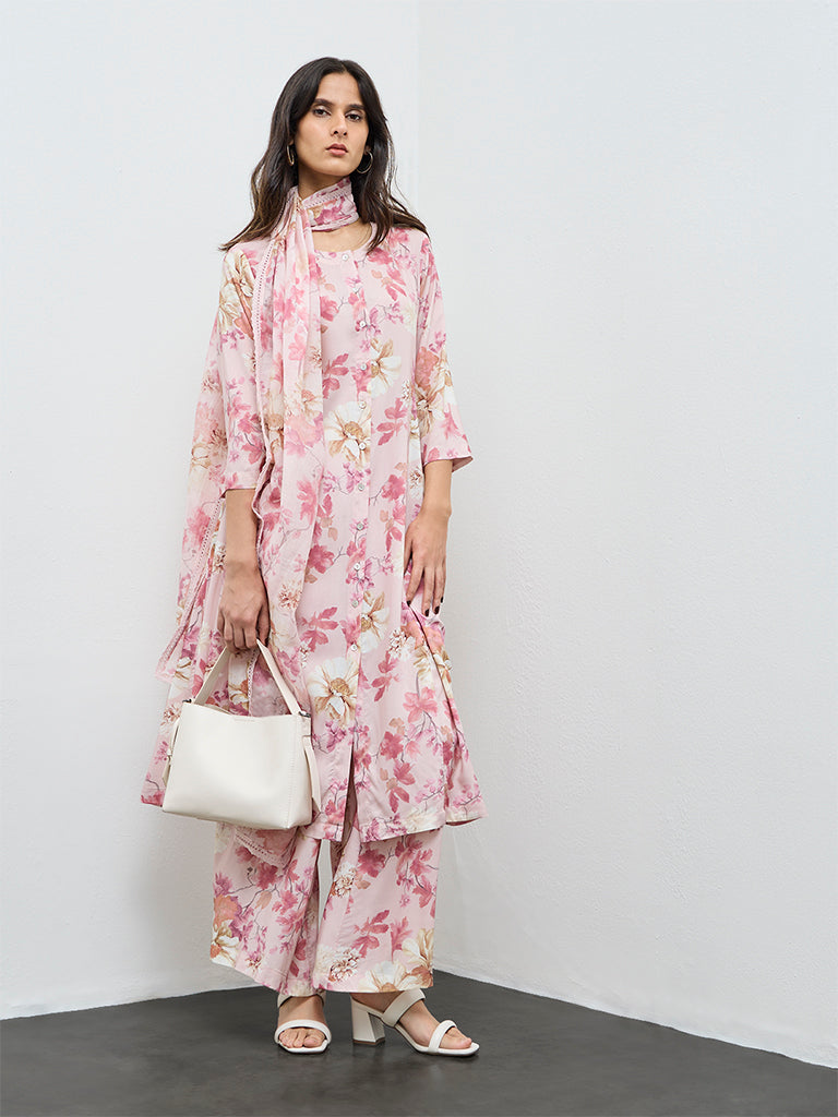 Zuba Pink Floral Printed A-Line Kurta