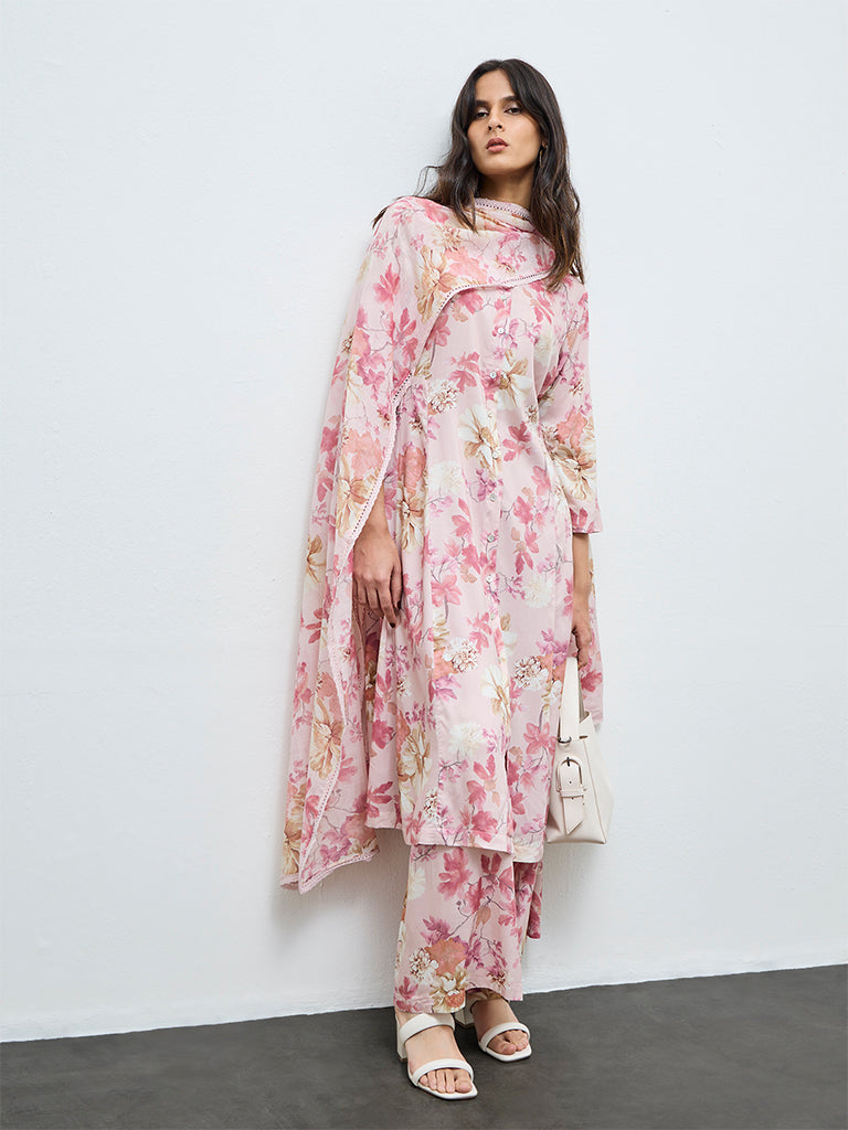 Zuba Pink Floral Printed A-Line Kurta