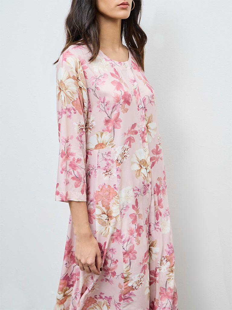 Zuba Pink Floral Printed A-Line Kurta