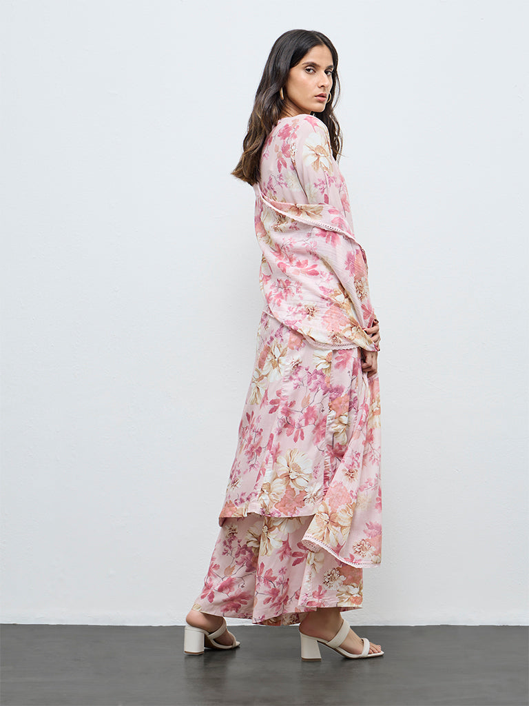 Zuba Pink Floral Printed A-Line Kurta