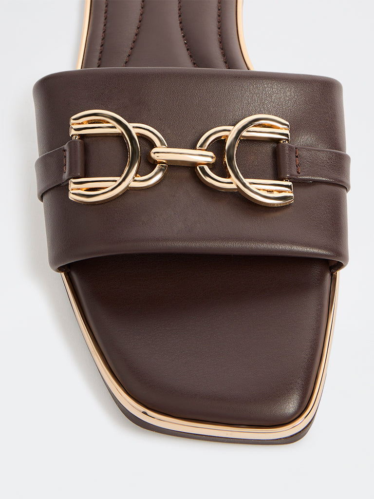 LUNA BLU Dark Brown Metallic Detailed Slides
