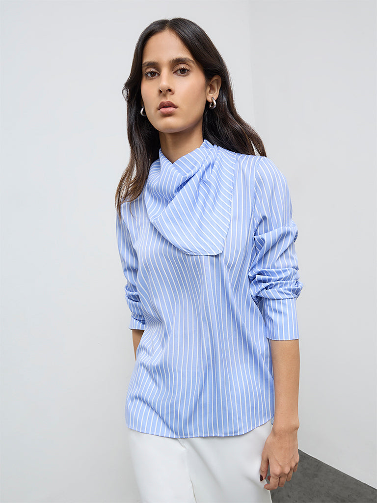 Wardrobe Light Blue Striped Blouse with Scarf