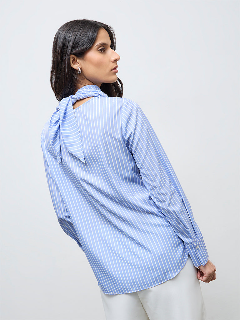 Wardrobe Light Blue Striped Blouse with Scarf