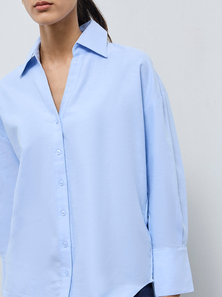 Wardrobe Light Blue High-Low Cotton Shirt