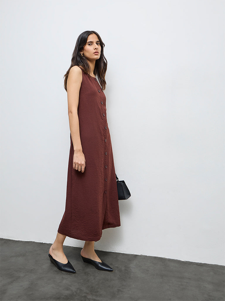 Wardrobe Brown Crinkle-Textured A-Line Dress