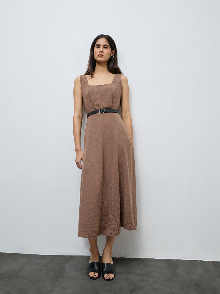 Wardrobe Brown A-Line Dress with Belt
