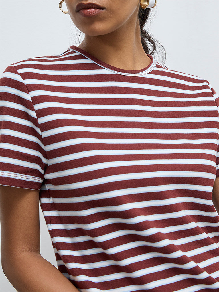 Wardrobe Brown Striped Cotton-Blend T-Shirt