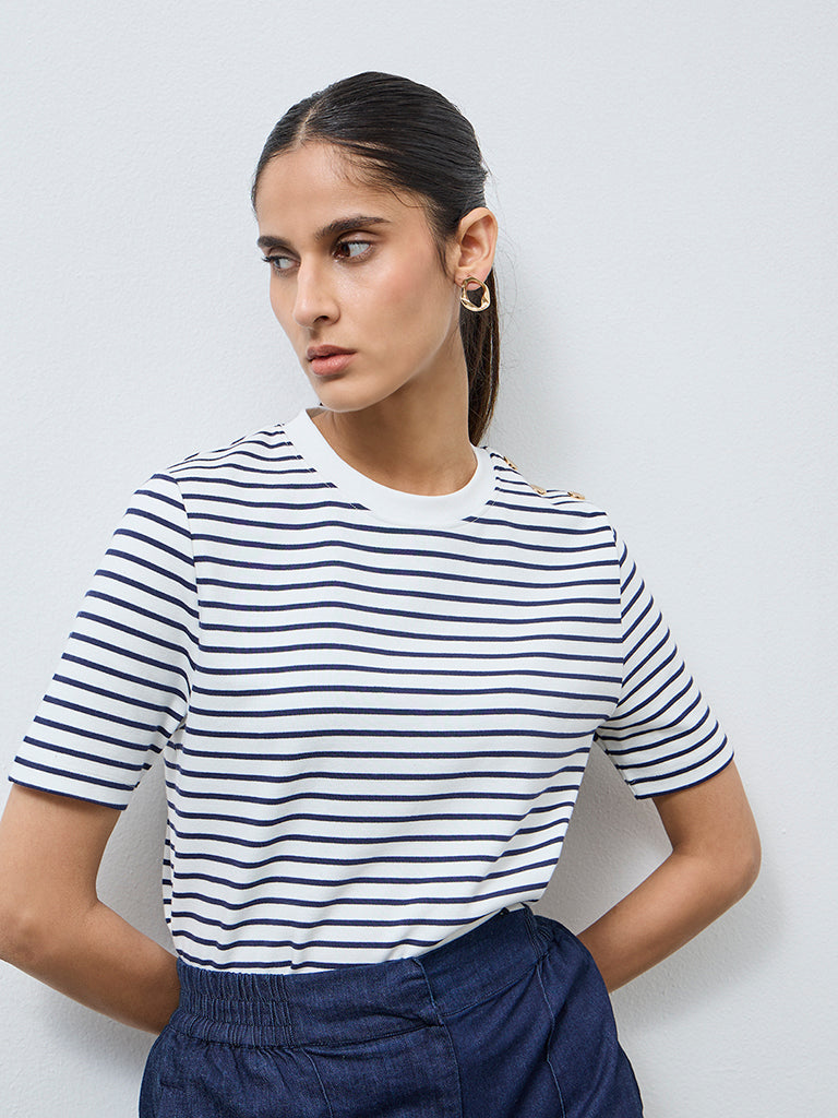 Wardrobe White Striped Cotton-Blend T-Shirt