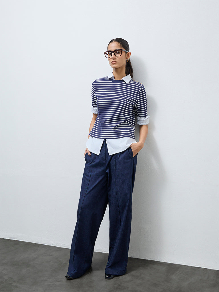 Wardrobe Navy Stripe Pattern Cotton-Blend T-Shirt