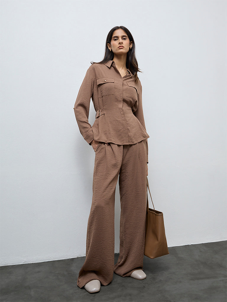 Wardrobe Brown Crinkle-Textured High-Rise Trousers
