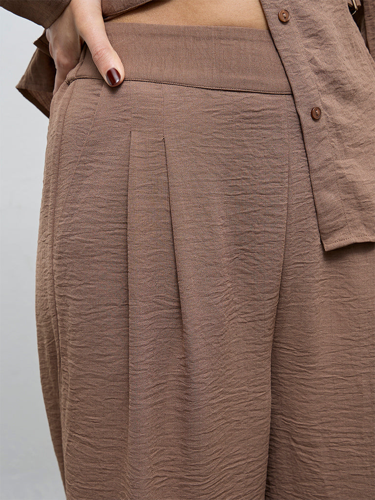 Wardrobe Brown Crinkle-Textured High-Rise Trousers