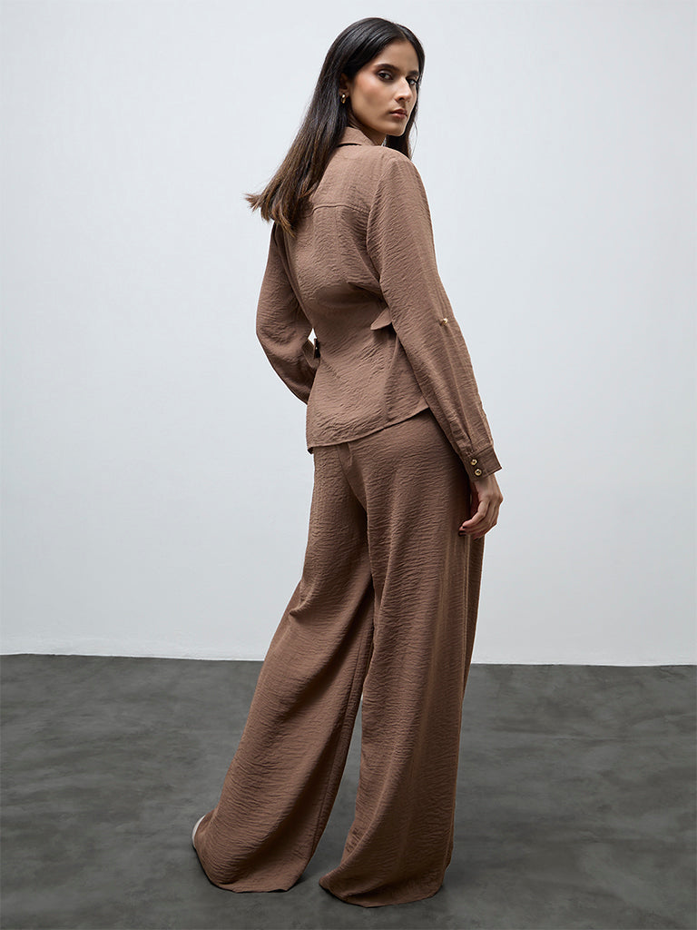 Wardrobe Brown Crinkle-Textured High-Rise Trousers
