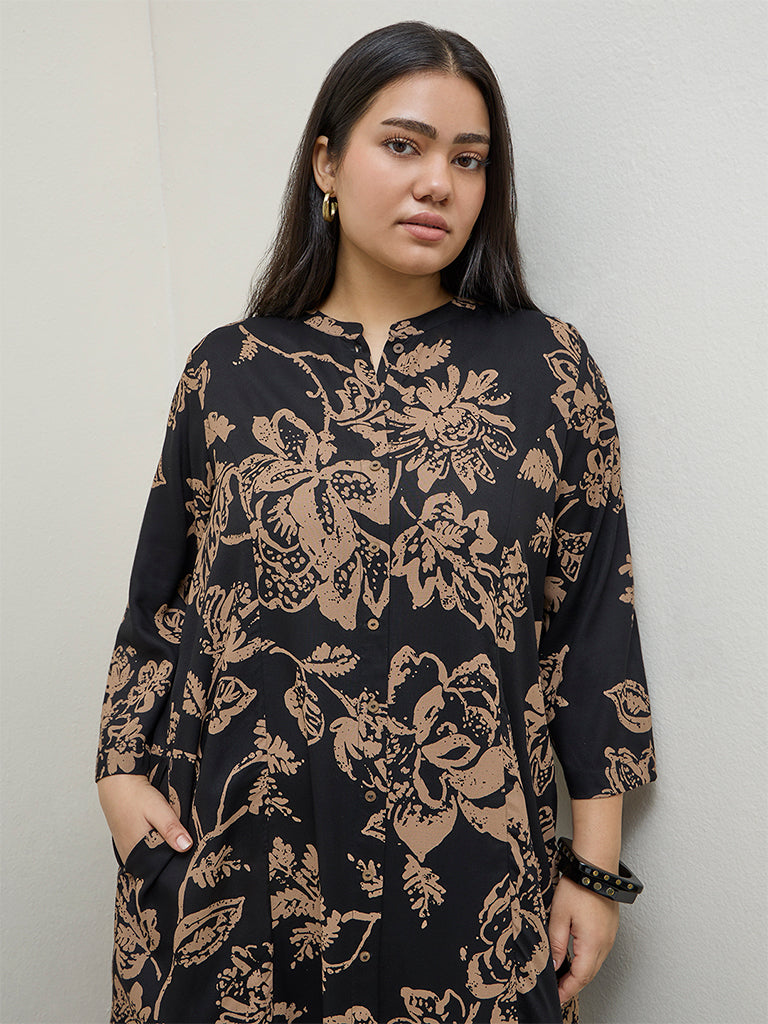 Diza Black Floral Pattern A-Line Kurta