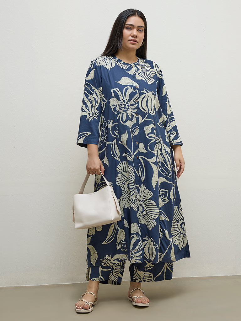 Diza Blue Botanical Printed A-Line Kurta