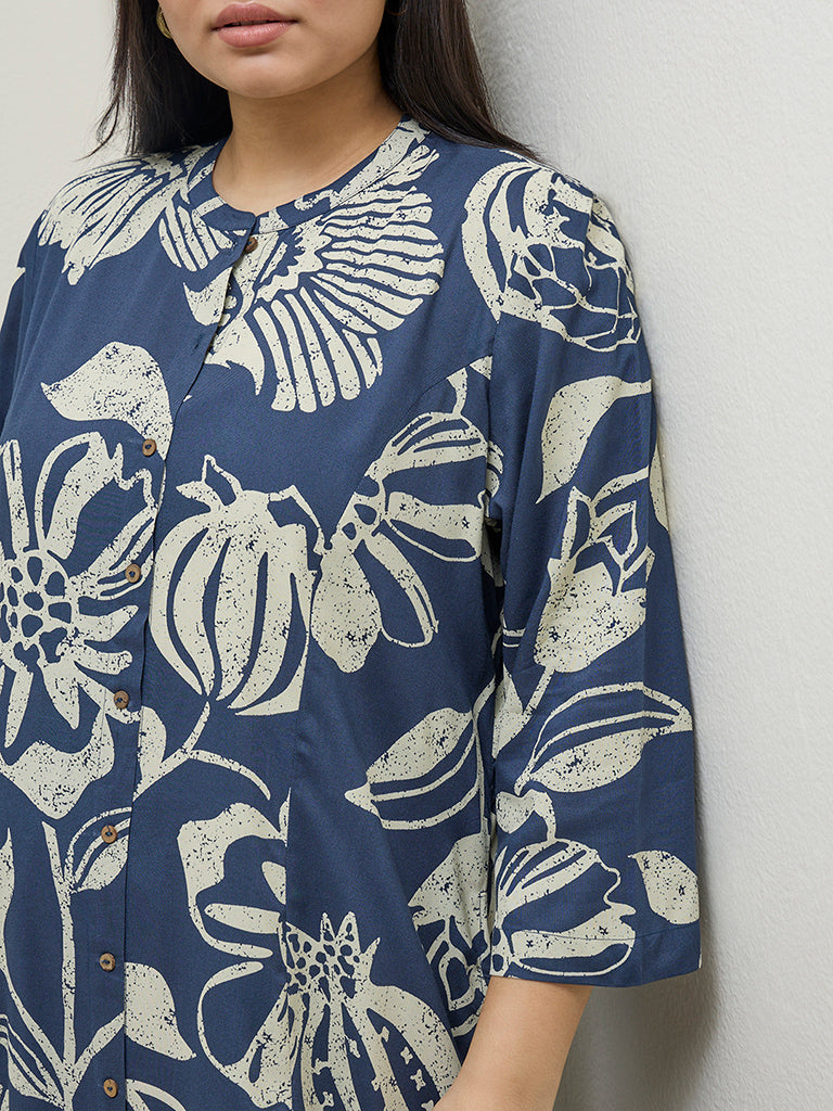 Diza Blue Botanical Printed A-Line Kurta
