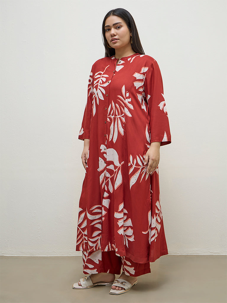 Diza Red Botanical Printed A-Line Kurta