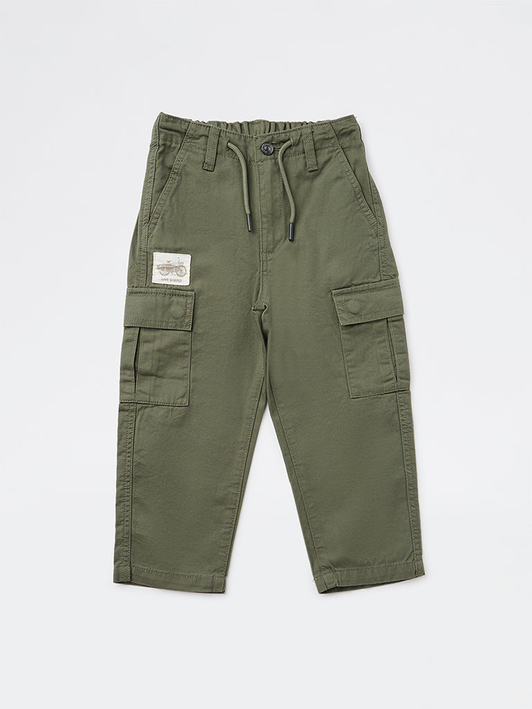 HOP Kids Boys Olive Solid Relaxed-Fit Cotton Cargo Pants
