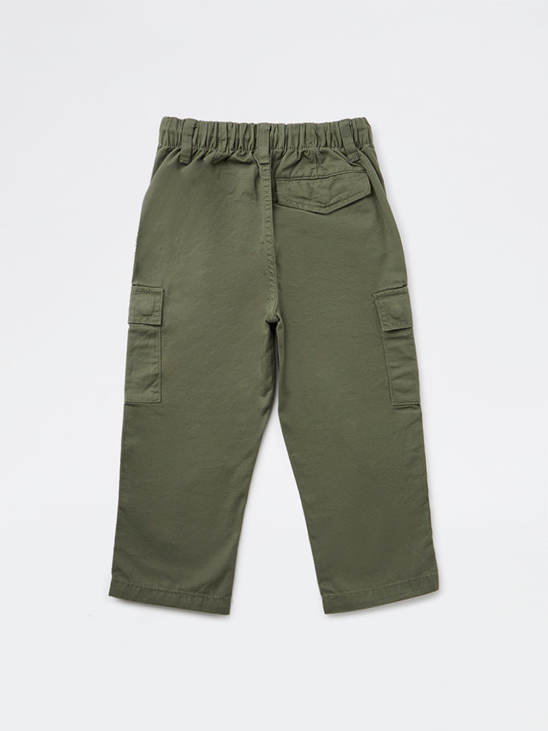 HOP Kids Boys Olive Solid Relaxed-Fit Cotton Cargo Pants