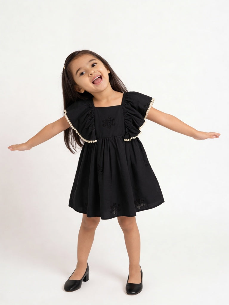 Buy HOP Kids Girls Black Floral Embroidered A-Line Cotton Dress from