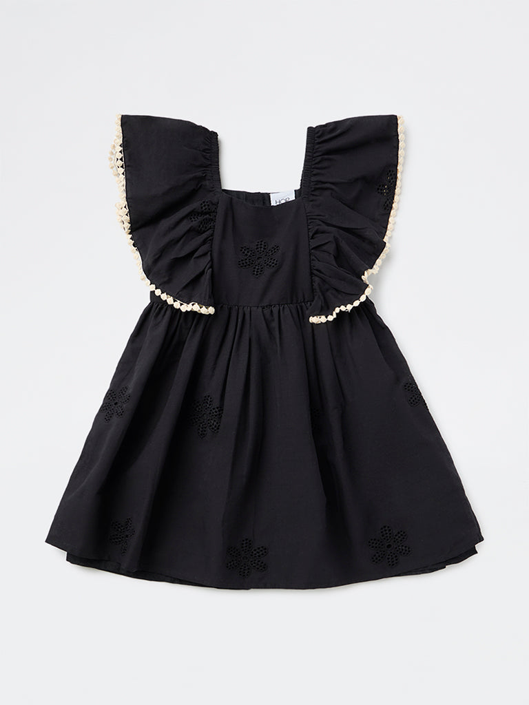 HOP Kids Girls Black Floral Embroidered A-Line Cotton Dress