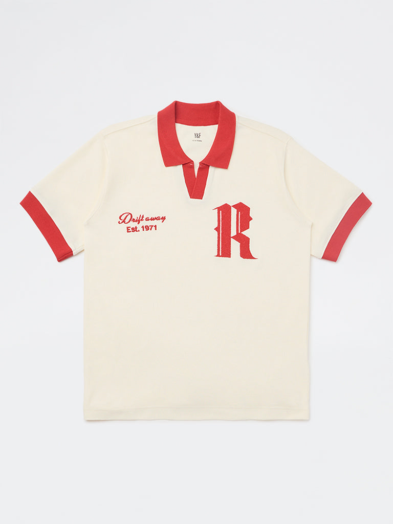 Boys Cream Text Design Cotton T-Shirt