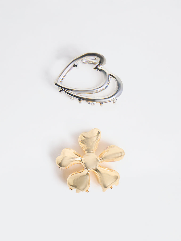 Westside Accessories Gold and Silver Flower and Heart Hair Clips - Pack of 2