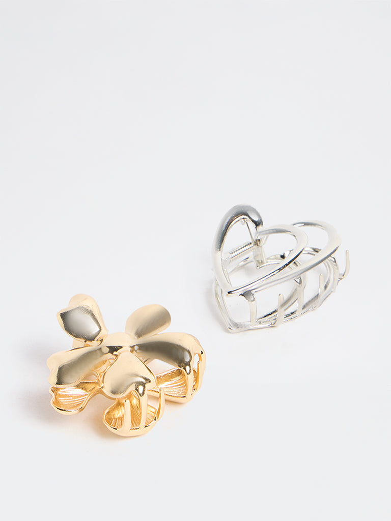 Westside Accessories Gold and Silver Flower and Heart Hair Clips - Pack of 2