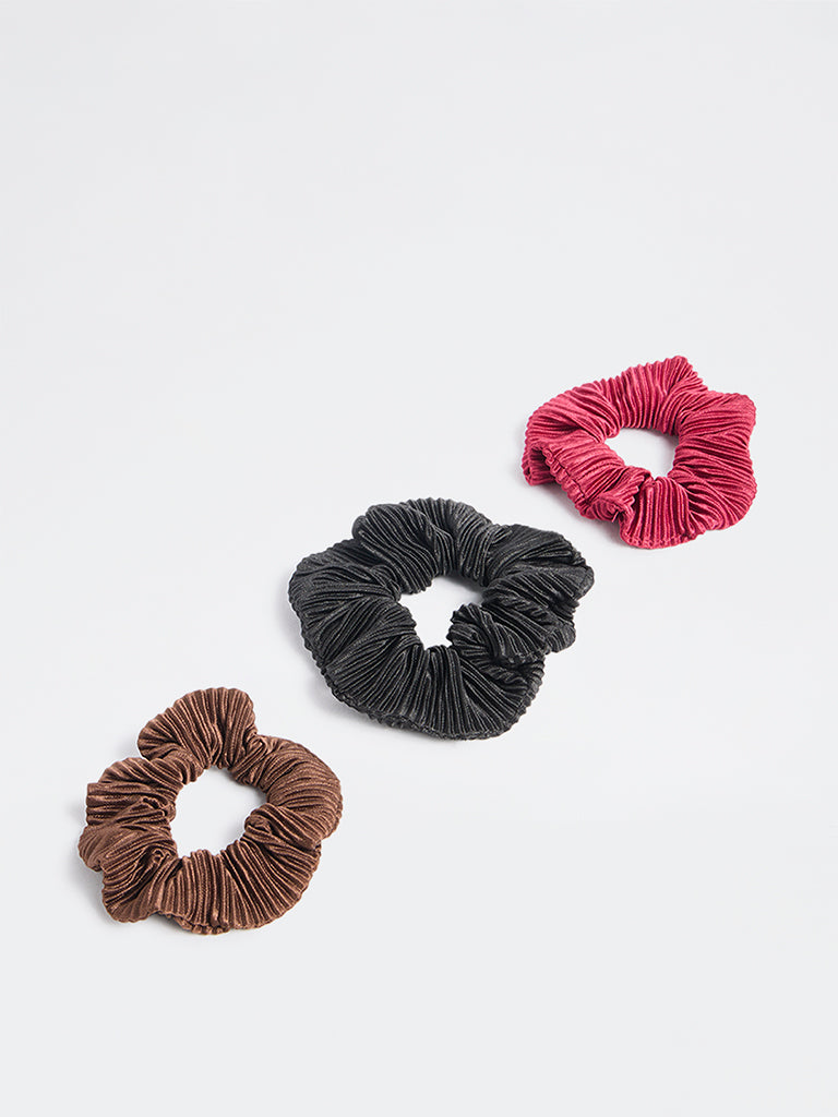 Westside Accessories Multicolour Ruffled Scrunchies - Pack of 3