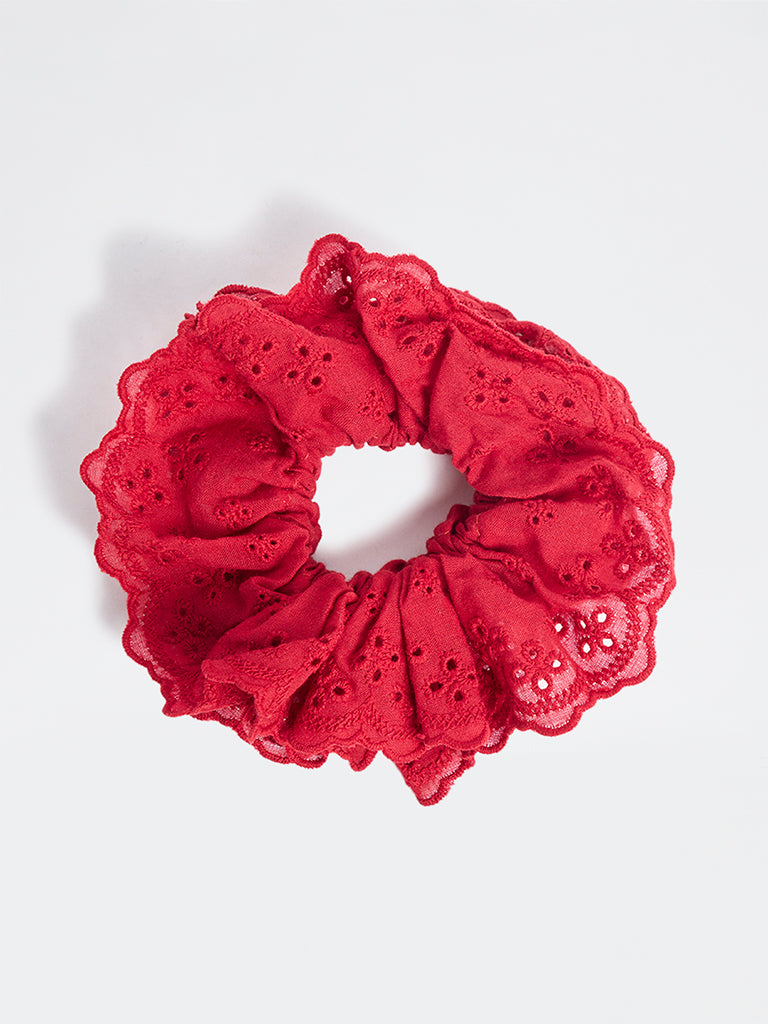 Westside Accessories Red Floral Schiffli Hair Scrunchie