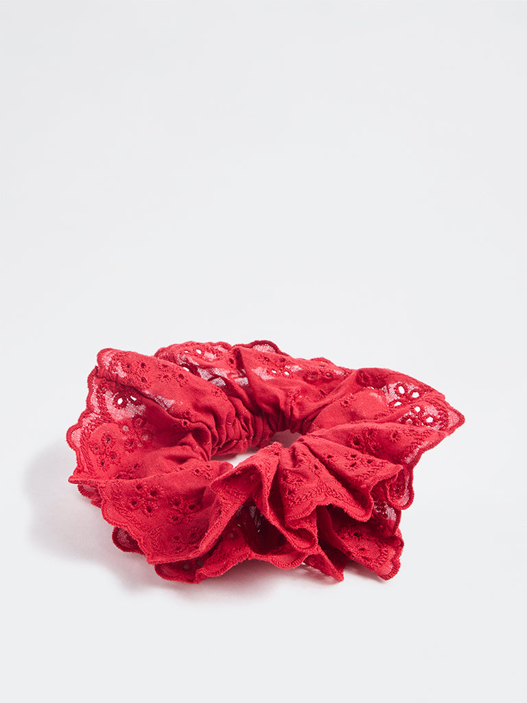Westside Accessories Red Floral Schiffli Hair Scrunchie
