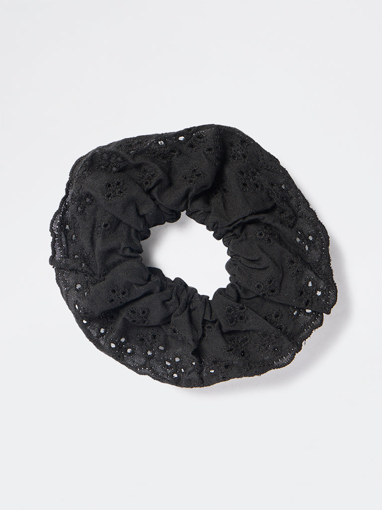Westside Accessories Black Floral Schiffli Hair Scrunchie