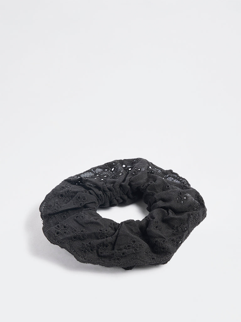 Westside Accessories Black Floral Schiffli Hair Scrunchie