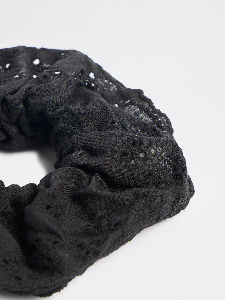 Westside Accessories Black Floral Schiffli Hair Scrunchie
