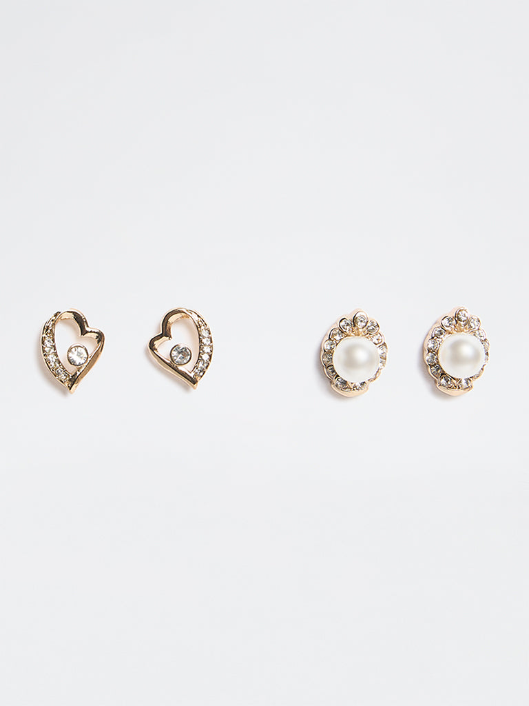 Westside Accessories Gold Stone and Pearl Stud Earrings - Pack of 2