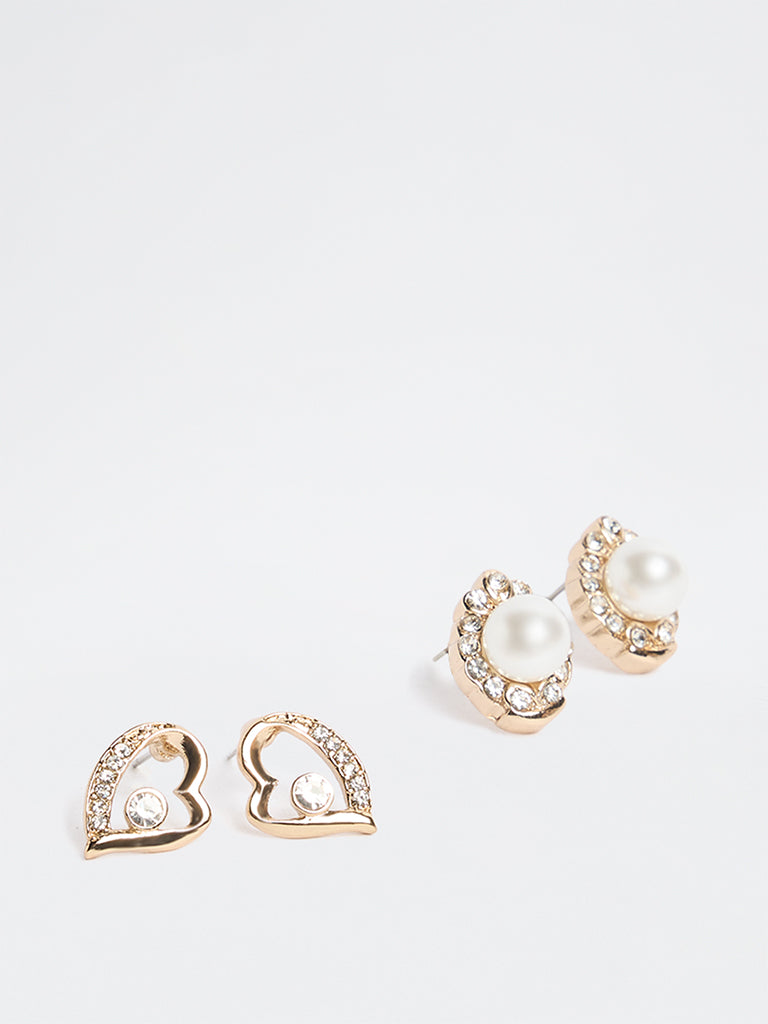 Westside Accessories Gold Stone and Pearl Stud Earrings - Pack of 2