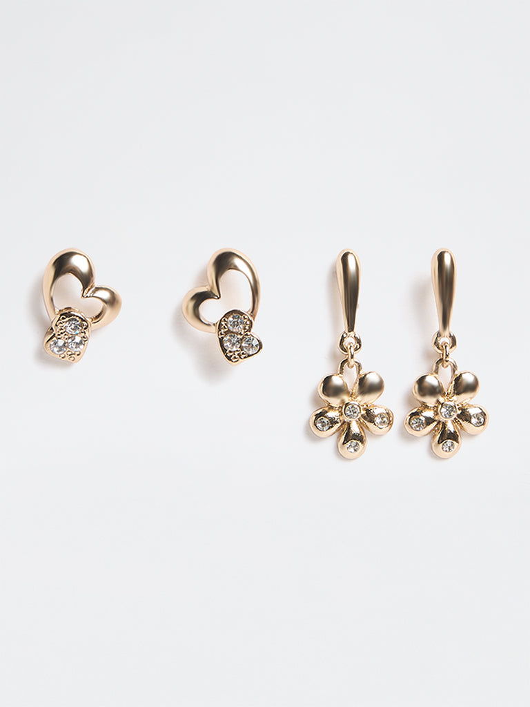 Westside Accessories Gold Flower and Heart Stone Earrings - Pack of 2