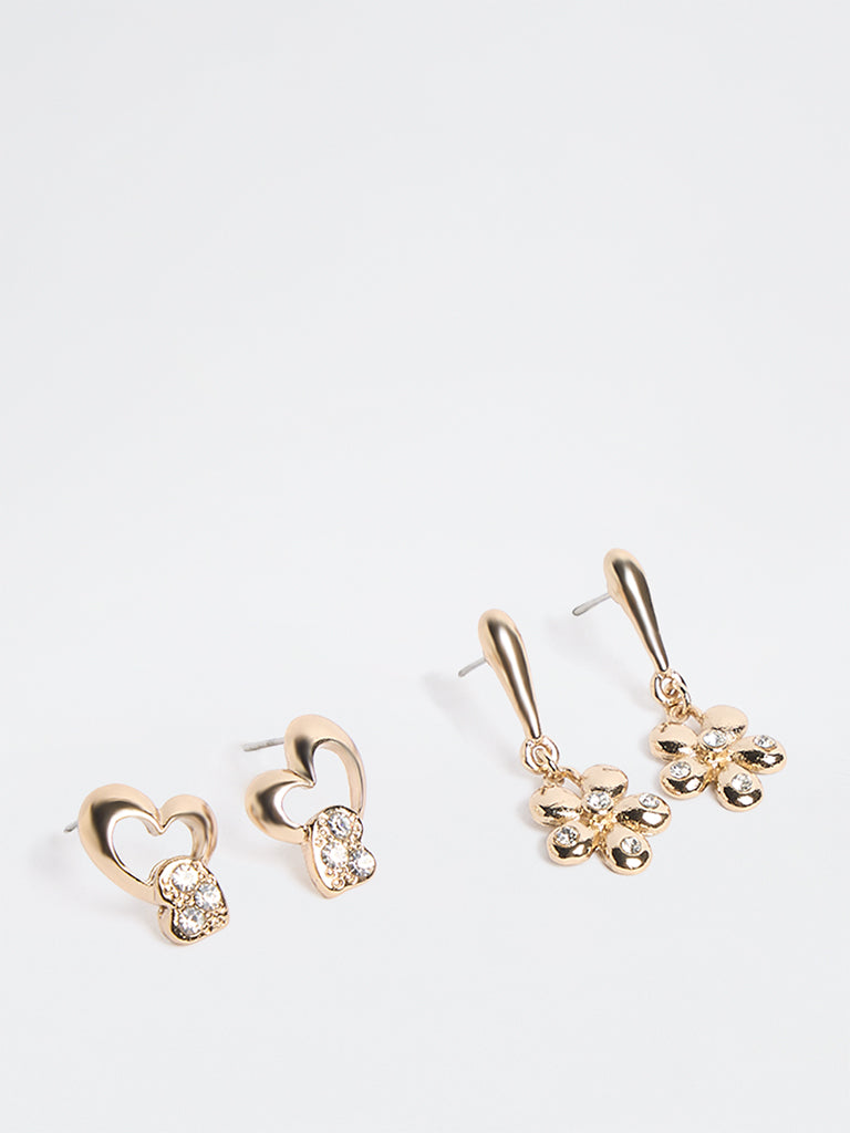 Westside Accessories Gold Flower and Heart Stone Earrings - Pack of 2