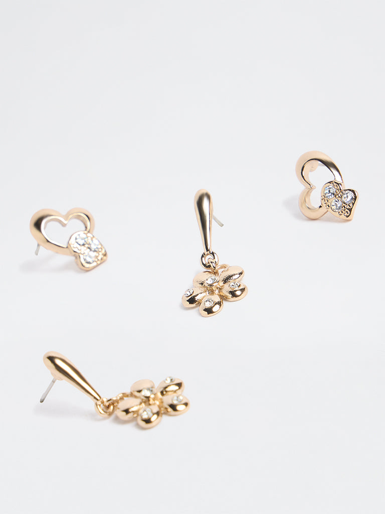 Westside Accessories Gold Flower and Heart Stone Earrings - Pack of 2