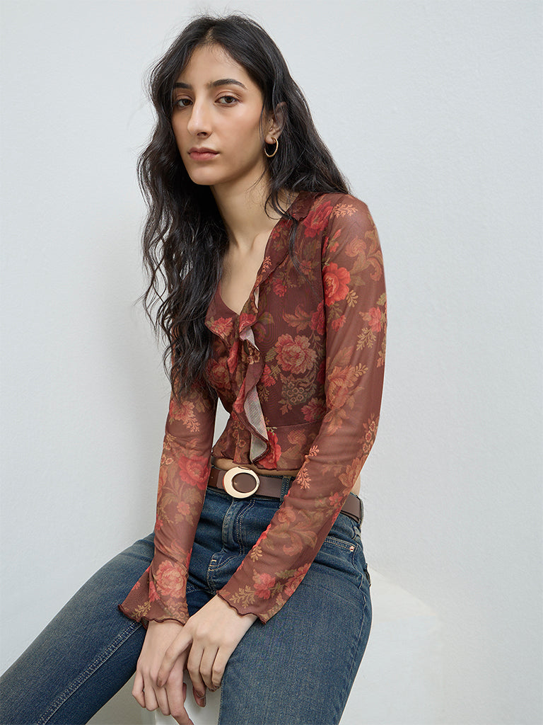 Nuon Brown Floral Detailed Mesh Top