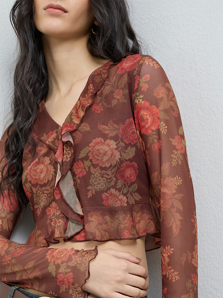 Nuon Brown Floral Detailed Mesh Top