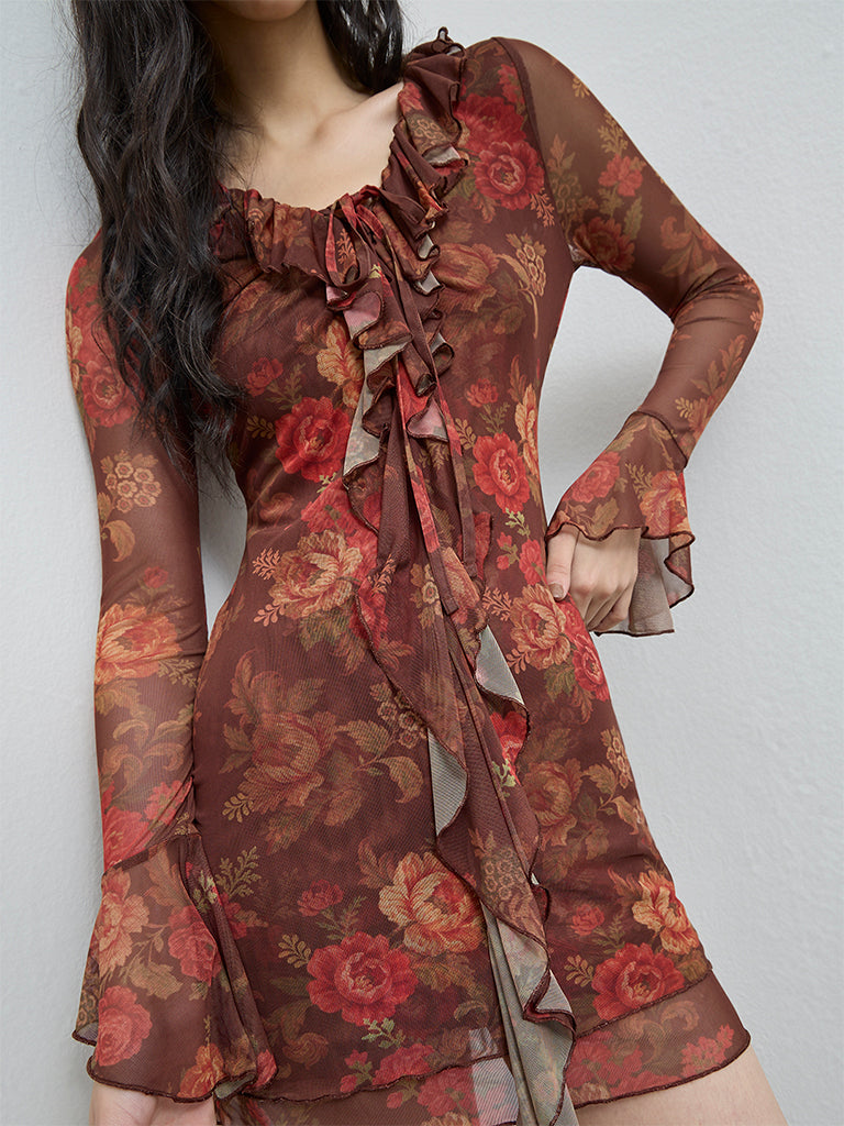 Buy Nuon Brown Floral Detailed Bodycon Mesh Dress from Westside